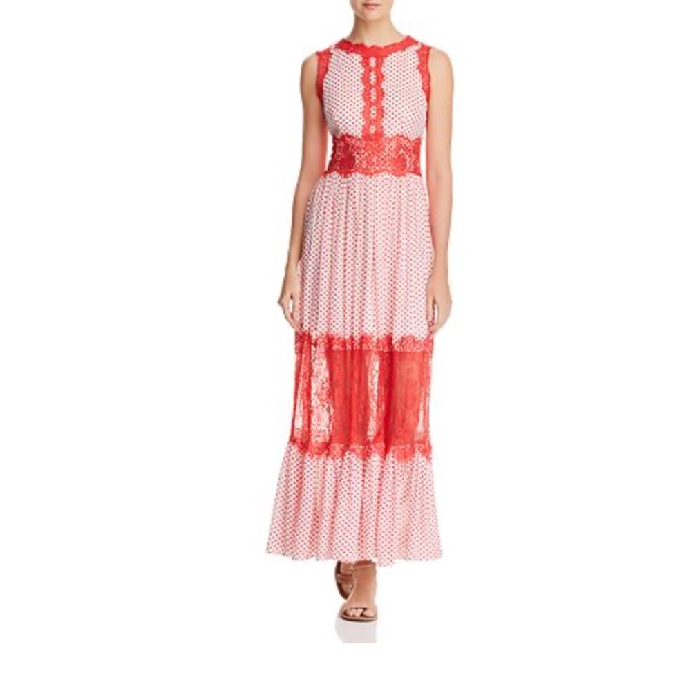 AQUA Lace Appliqué Polka Dot Maxi Dress